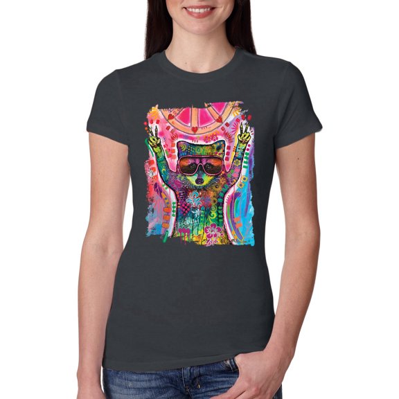 Dean Russo Cosmic Trash Panda Animal Lover Womens Slim Fit Junior Tee, Dark Grey, Large