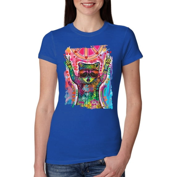 Dean Russo Cosmic Trash Panda Animal Lover Womens Slim Fit Junior Tee, Royal, Medium