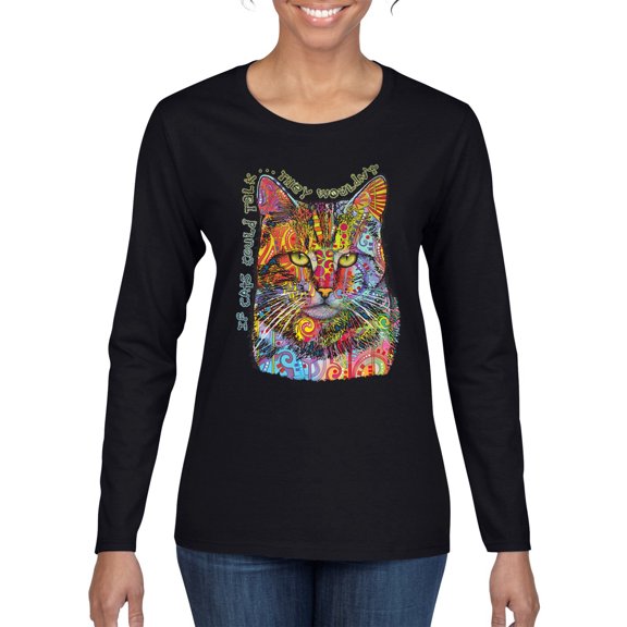 Dean Russo If Cats Could Talk Cat Lover Womens Graphic Long Sleeve T-Shirt, Black, Small