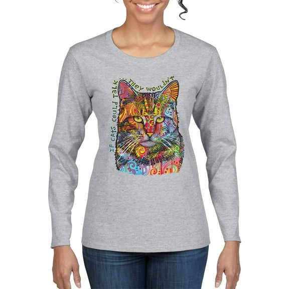 Dean Russo If Cats Could Talk Cat Lover Womens Graphic Long Sleeve T-Shirt, Heather Grey, Large