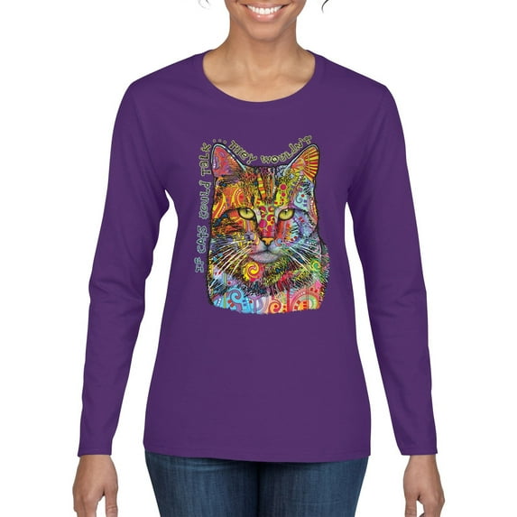 Dean Russo If Cats Could Talk Cat Lover Womens Graphic Long Sleeve T-Shirt, Purple, Large