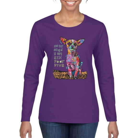 Dean Russo In My Mind Dog Lover Womens Graphic Long Sleeve T-Shirt, Purple, Medium