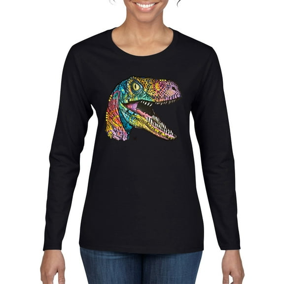 Dean Russo Raptor Animal Lover Womens Graphic Long Sleeve T-Shirt, Black, Large