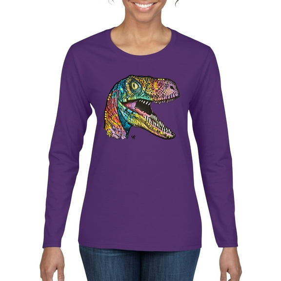 Dean Russo Raptor Animal Lover Womens Graphic Long Sleeve T-Shirt, Purple, Large