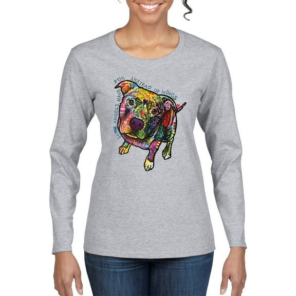Dean Russo Some Angels Dog Lover Womens Graphic Long Sleeve T-Shirt, Heather Grey, Small