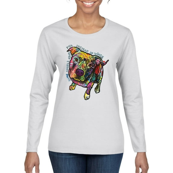 Dean Russo Some Angels Dog Lover Womens Graphic Long Sleeve T-Shirt, White, Small