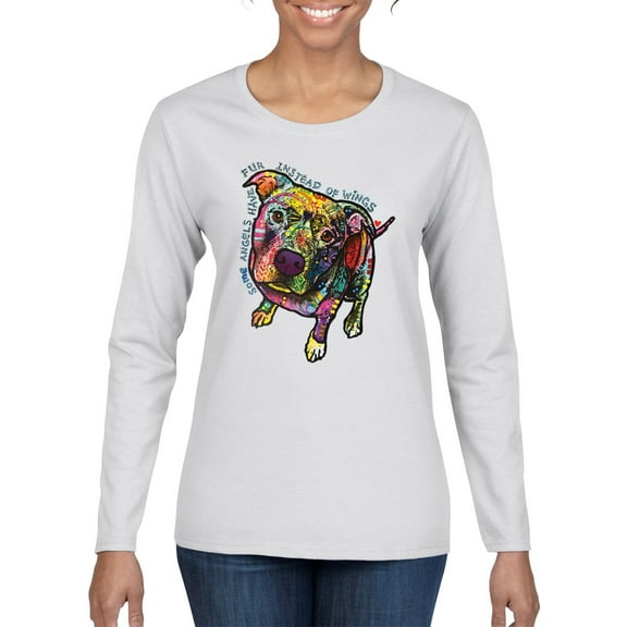Dean Russo Some Angels Dog Lover Womens Graphic Long Sleeve T-Shirt, White, Small