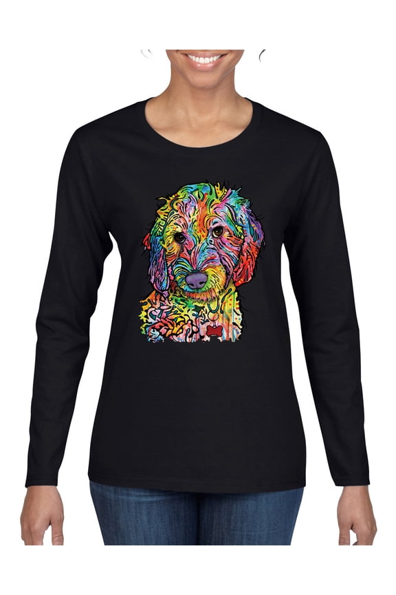 Dean Russo Sweet Poodle Dog Lover Womens Graphic Long Sleeve T-Shirt, Black, Large
