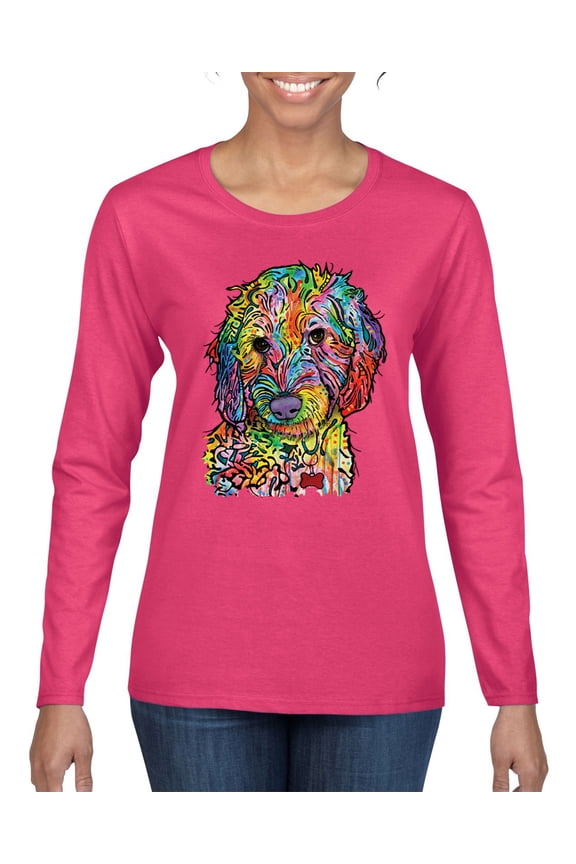 Dean Russo Sweet Poodle Dog Lover Womens Graphic Long Sleeve T-Shirt, Fuschia, Medium