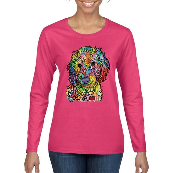 Dean Russo Sweet Poodle Dog Lover Womens Graphic Long Sleeve T-Shirt, Fuschia, X-Large