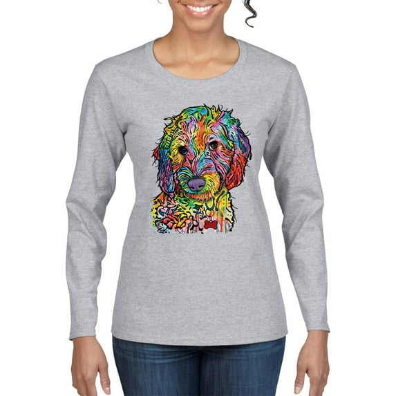 Dean Russo Sweet Poodle Dog Lover Womens Graphic Long Sleeve T-Shirt, Heather Grey, XX-Large