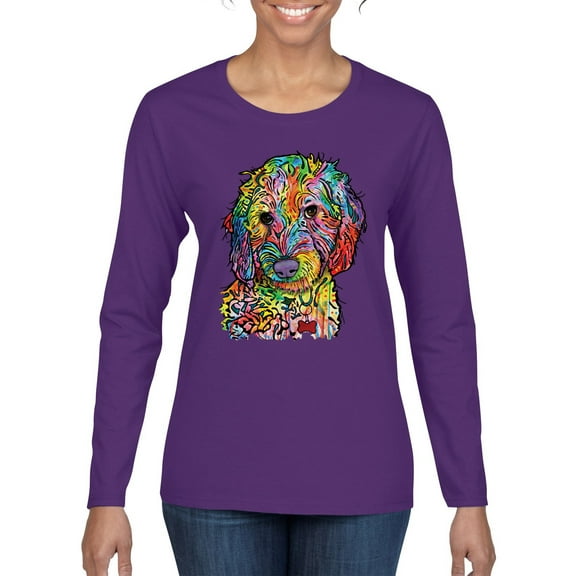 Dean Russo Sweet Poodle Dog Lover Womens Graphic Long Sleeve T-Shirt, Purple, X-Large