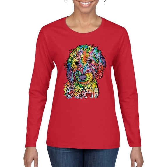Dean Russo Sweet Poodle Dog Lover Womens Graphic Long Sleeve T-Shirt, Red, XX-Large