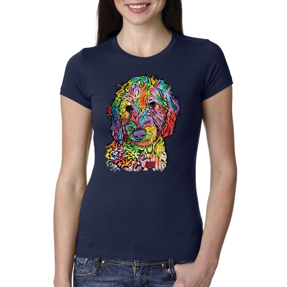 Dean Russo Sweet Poodle Dog Lover Womens Slim Fit Junior Tee, Navy, Large