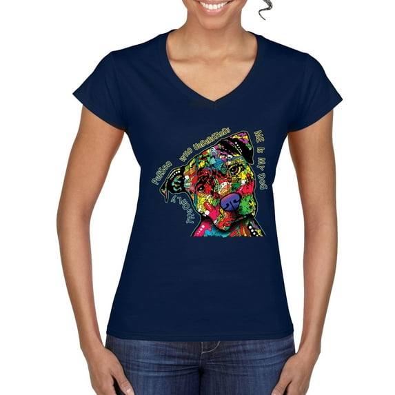 Dean Russo The Only Person Dog Lover Women’s Standard V-Neck Tee, Navy, Medium