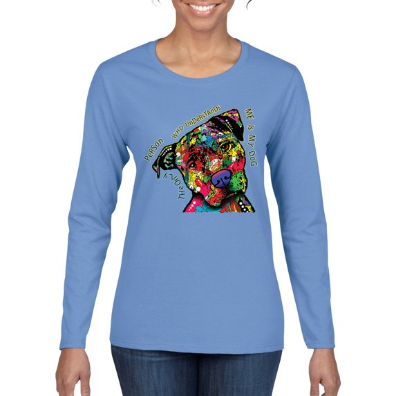 Dean Russo The Only Person Dog Lover Womens Graphic Long Sleeve T-Shirt, Light Blue, Medium