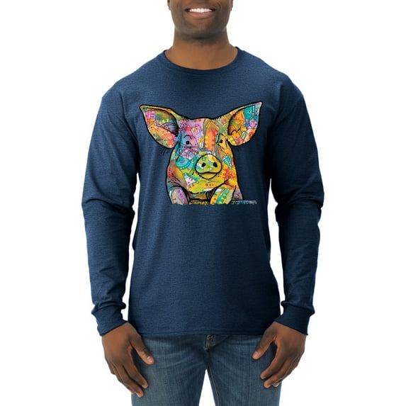 Dean Russo The Pig Animal Lover Mens Long Sleeve Shirt, Vintage Heather Navy, Medium
