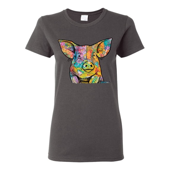 Dean Russo The Pig Animal Lover Womens Graphic T-Shirt, Charcoal, X-Large