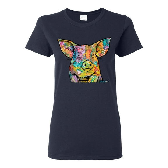Dean Russo The Pig Animal Lover Womens Graphic T-Shirt, Navy, XX-Large