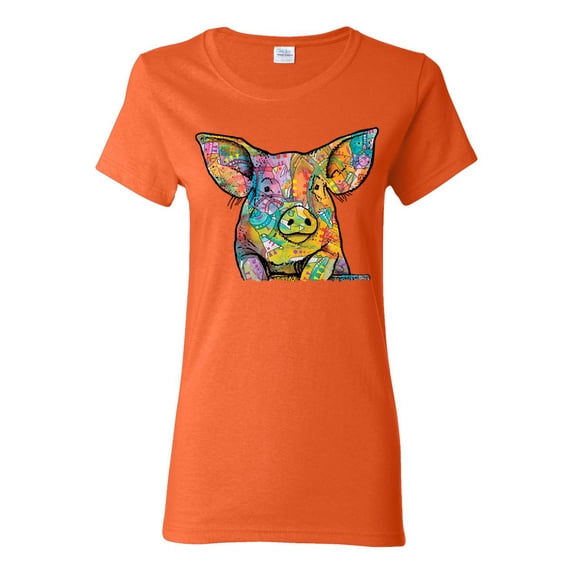 Dean Russo The Pig Animal Lover Womens Graphic T-Shirt, Orange, X-Large