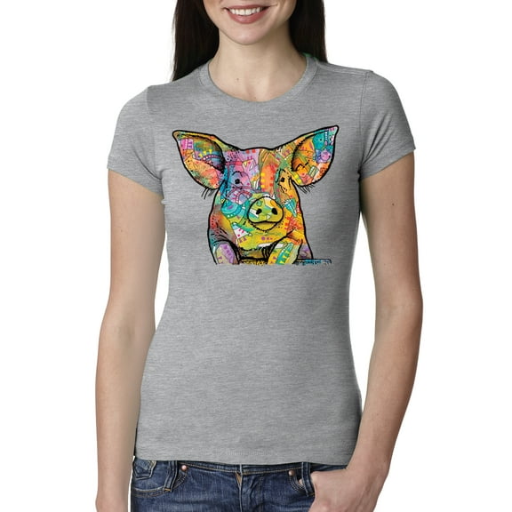 Dean Russo The Pig Animal Lover Womens Slim Fit Junior Tee, Heather Grey, Large