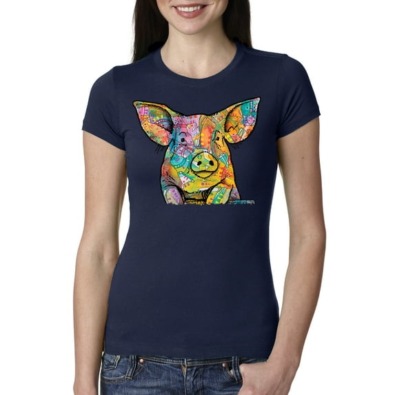 Dean Russo The Pig Animal Lover Womens Slim Fit Junior Tee, Navy, XX-Large