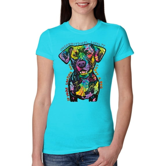 Dean Russo Unconditional Loyalty Dog Lover Womens Slim Fit Junior Tee, Tahiti Blue, Small