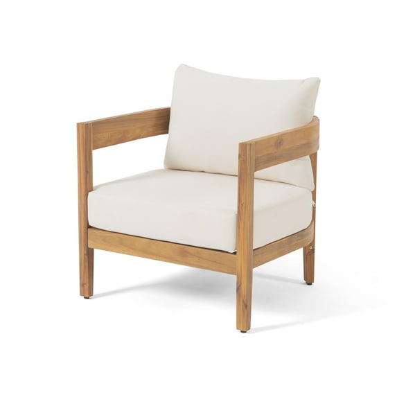 Deandre Acacia Wood Outdoor Club Chair with Cushions, Teak and Beige