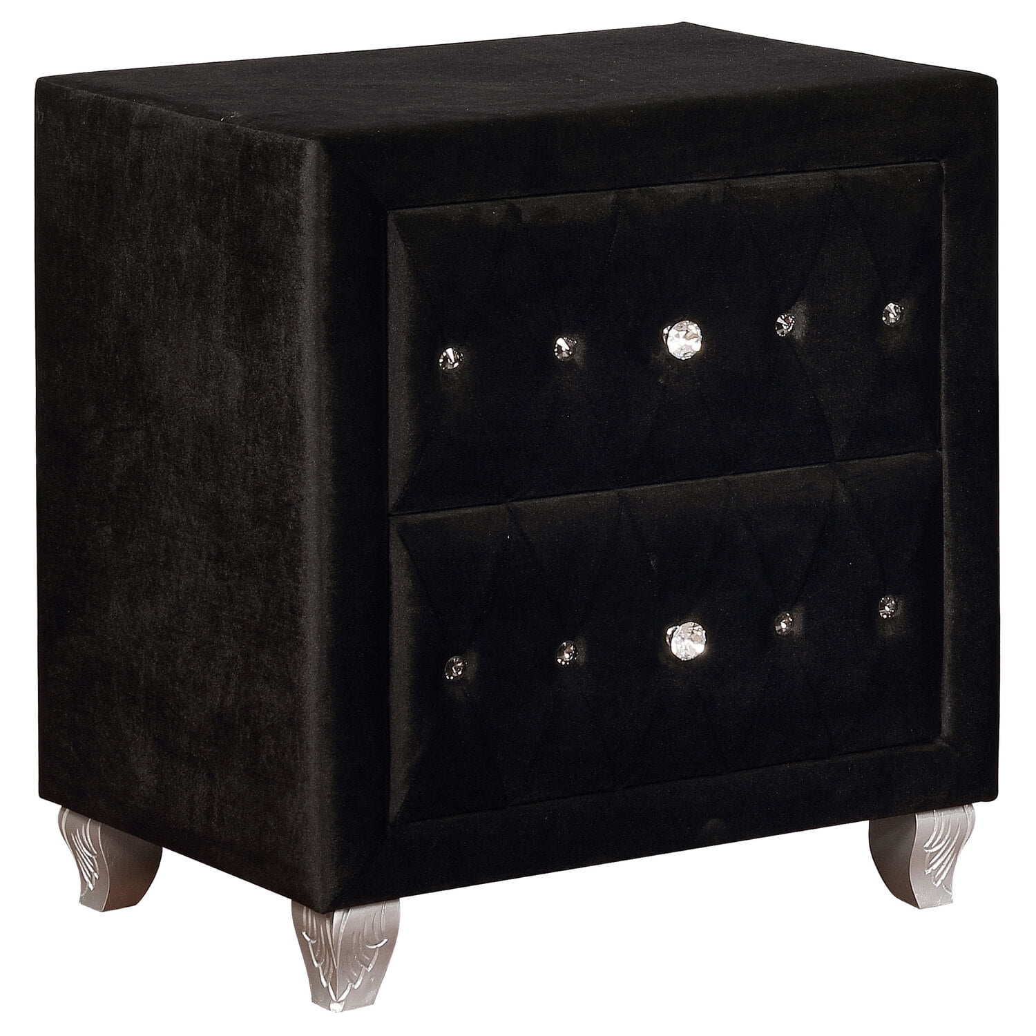 Deanna Black Velvet 2-Drawer Nightstand with Crystal Knobs