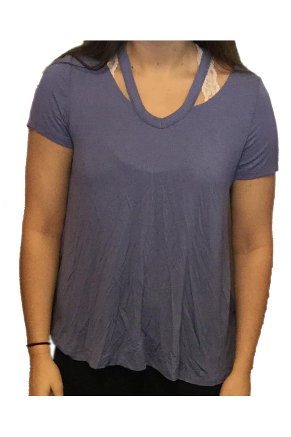 Womens Short Sleeve Shoulder Detail Top-Light Denim-Small