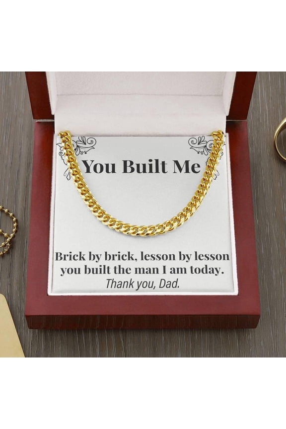 Dear Dad You Built Me Necklace Gift from Son for Father’s Day with Emotional Message and LED Box, Cuban Link Chain Birthday Gift for Father from Son, Cuban Chain Necklace for Men