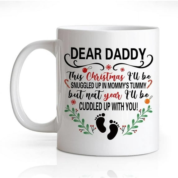 Dear Daddy 11 Oz White Novelty Mug, Cute footprint Family Ceramic Mug, Expecting Dad Gifts, First Father's Day Birthday Christmas Gifts for Husband, Pregnancy Announcement, New Baby Coming Gifts