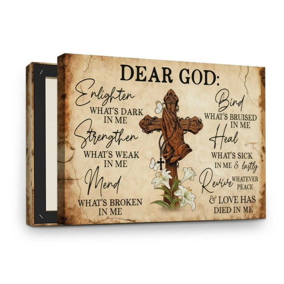 Dear God Prayer Wall Art – Christian Canvas Print with Cross, Praying Hands & Lilies – Inspirational Religious Decor for Bedroom, Living Room, or Prayer Room