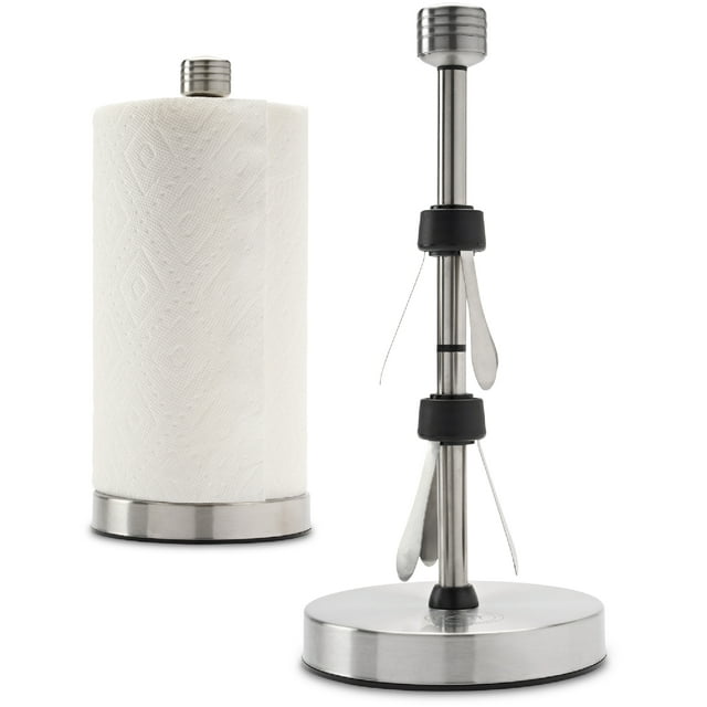 Dear Household Stainless Steel Paper Towel Holder Stand Designed for Easy One- Handed Operation - This Sturdy Weighted Paper Towel Holder Countertop Model Has Suction Cups and Holds Paper Towel Rolls