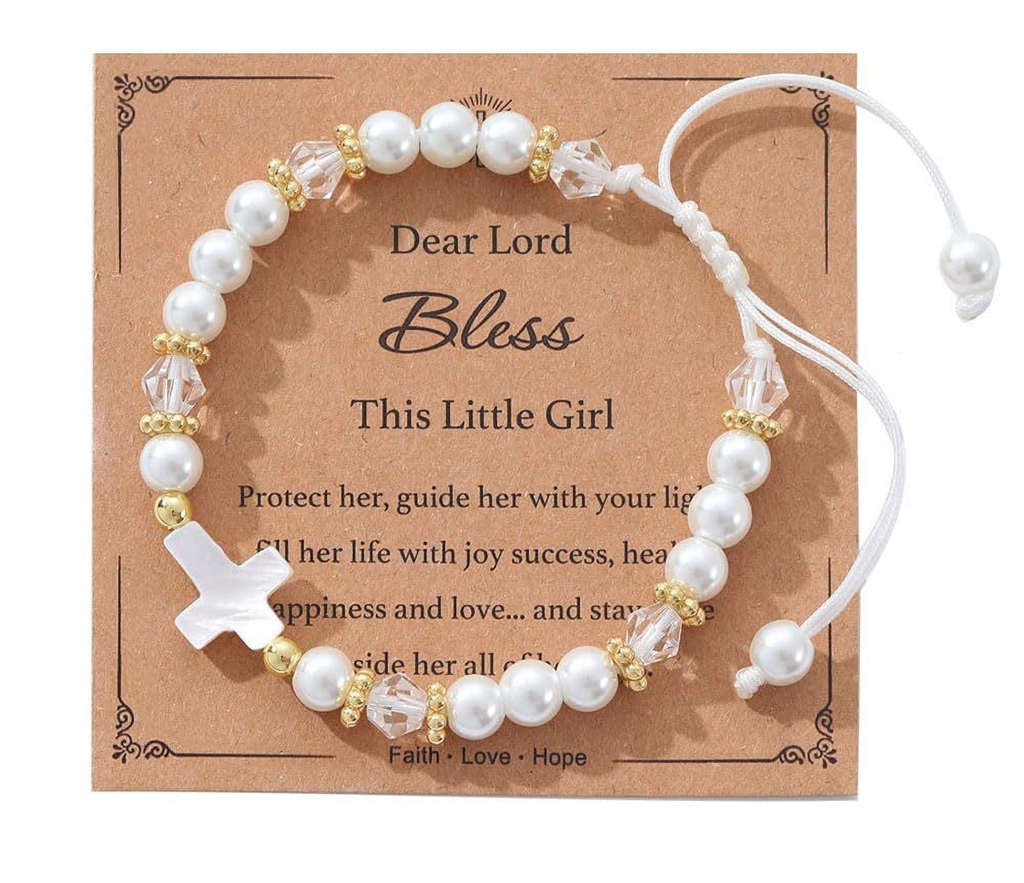 Virgin Mary Pearl Bracelet – First Communion Gift For Girls & Women, 14K Gold Plated, Adjustable Rope Chain With Cross Charm