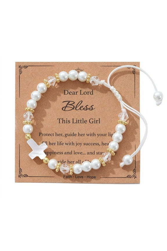 Dear Lord Bless This Little Girl, Pink Pearl Shell Cross Adjustable Bracelet for Girls, Baptism, Easter, First Communion, Confirmation Christian Gifts for Godchild Kids