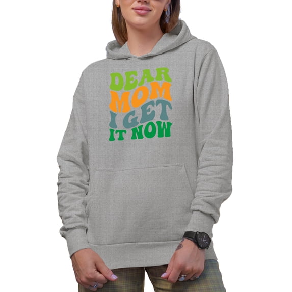 Dear Mom, I Get It Now, Groovy Retro Wavy Text Merch Gift, Heather Grey Hooded Sweatshirt or Hoodie, Medium
