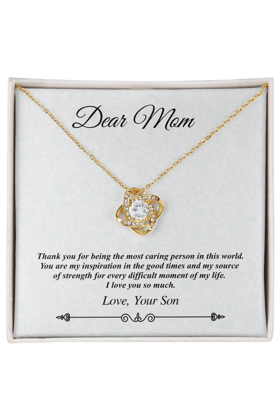 Dear Mom' Jeweled Knot Necklace, The Most Caring Person In This World Beautiful Necklace, Message Card and Box, White Love Knot Necklace