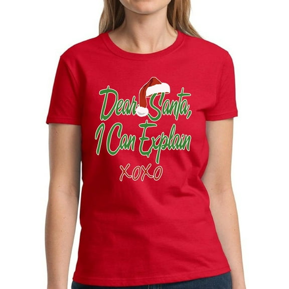Dear Santa I Can Explain XOXO Christmas Shirt for Ladies - S M L XL 2XL 3XL Xmas Graphic Tee - Funny Santa Hat Xmas Holiday Tee Gift T-Shirt Hers