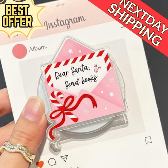 Dear Santa Send Books Magnetic Phone Grip, Magsafe Bookish Grip Cute Pink Christmas Letter Phone Holder, Book Lover Holiday Accessory