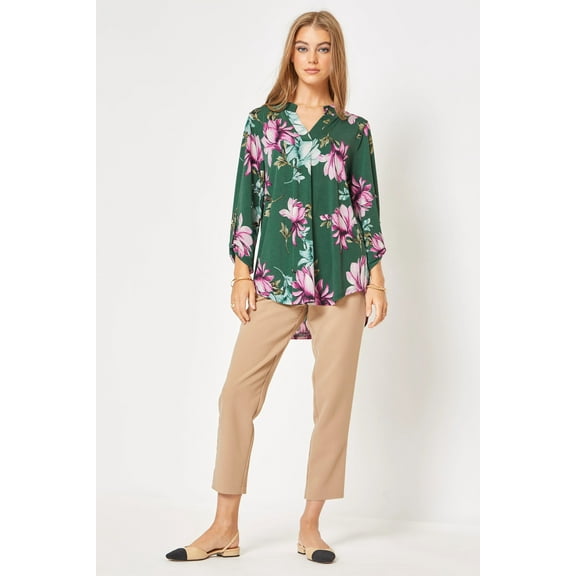 Dear Scarlett Women's Lizzy Floral Long Sleeve V-Neck Blouse Top in Hunter Green (X-Large, Hunter Green)