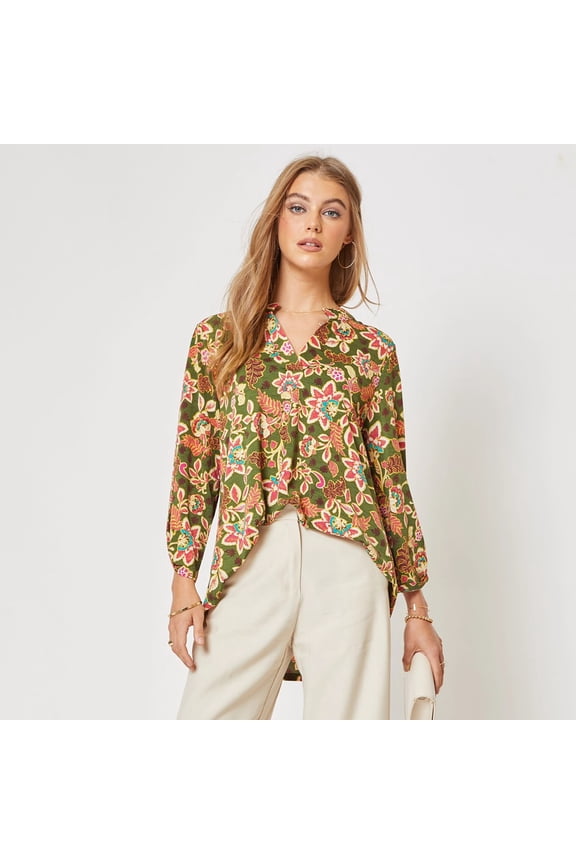 Women's Lizzy Floral Long Sleeve V-Neck Blouse Top in Olive Multi (Small, Olive Multi)