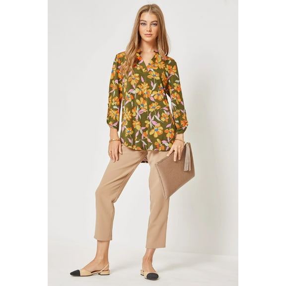 Dear Scarlett Women's Lizzy Tropical Floral Long Sleeve Blouse Top in Olive (Large, Olive)