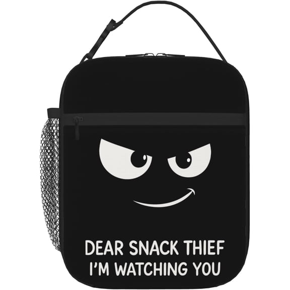 Dear Snack Thief I’m Watching You Funny Insulated Lunch Box, Black Reusable Lunch Bag Tote with Sneaky Face for Adults , Lunchbox with Detachable Handle for Work Office