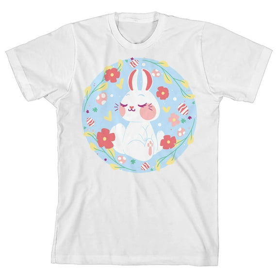 Dear Spring Cute Bunny With Flowers Youth Girl's White Short Sleeve Crew Neck Tee-Large