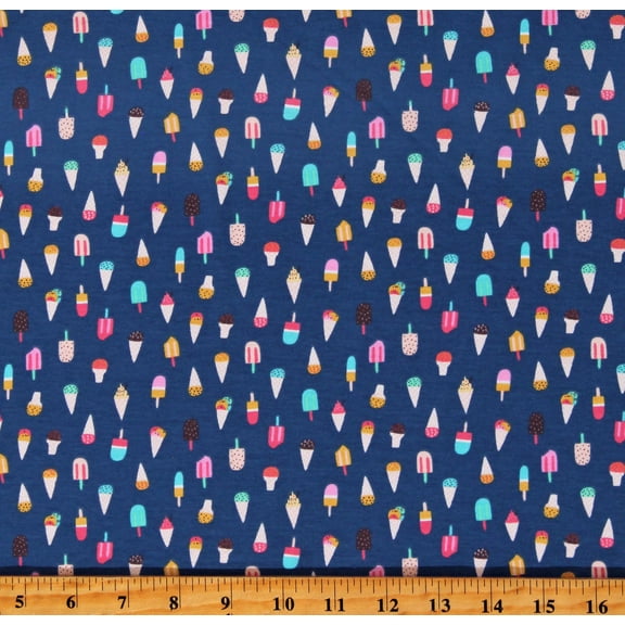 Cotton Knit Tossed Ice Cream Treats Popsickles Ice Cream Cones Summer Blue Fabric by the Yard (WSTELLA-K953)