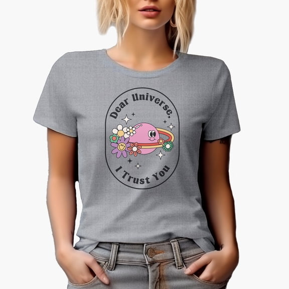 Dear Universe, I Trust You, Retro Planet & Flowers Art Merch Gift, Heather Grey T-Shirt, Large