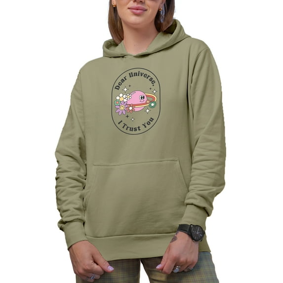 Dear Universe, I Trust You, Retro Planet & Flowers Art Merch Gift, Sand Hooded Sweatshirt or Hoodie, XL