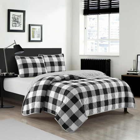 Dearfoams Super Soft Black and White Diamond Stitching Checkered Quilt Set, King