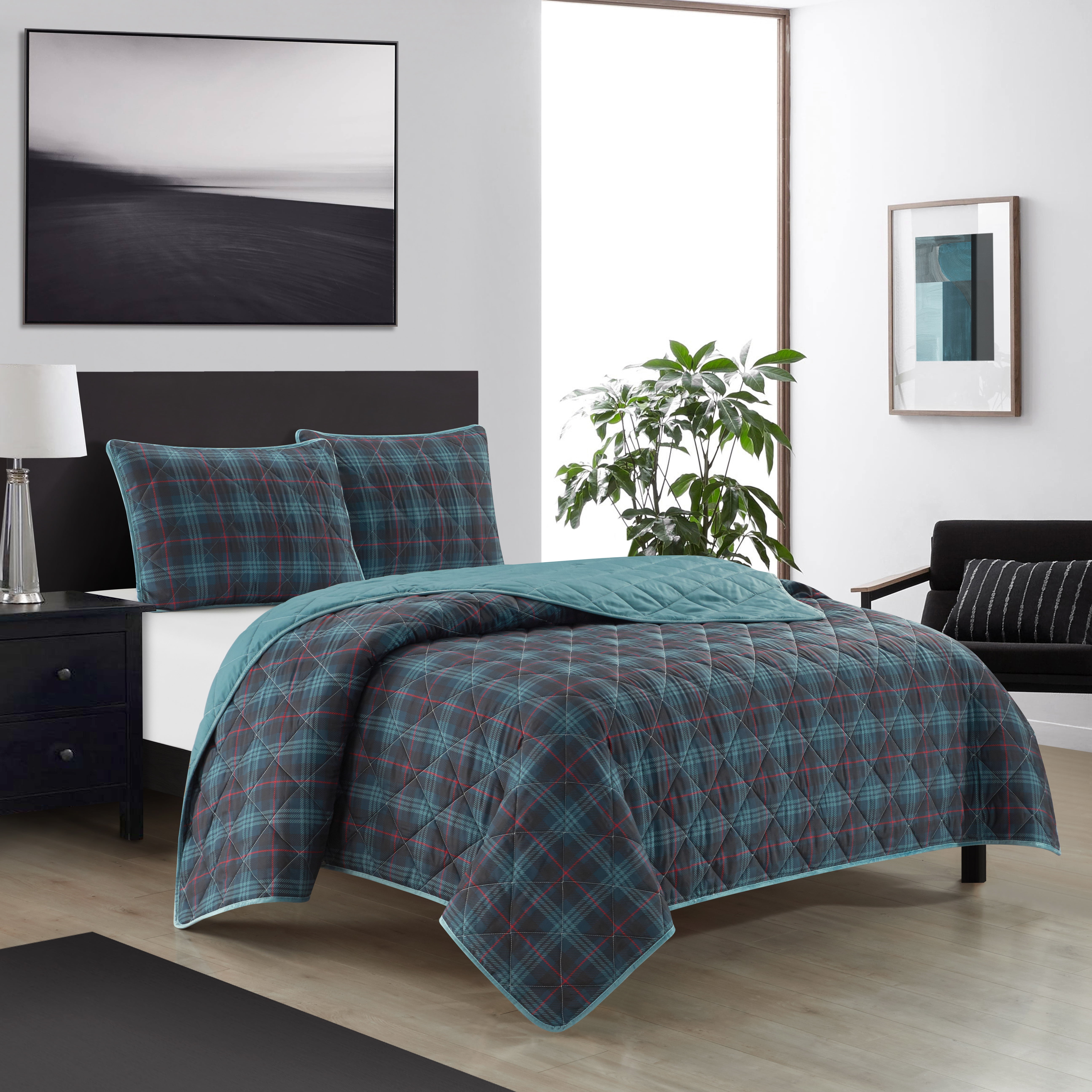 Dearfoams Super Soft Blue Red Grey Diamond Stitching Plaid Quilt Set, King